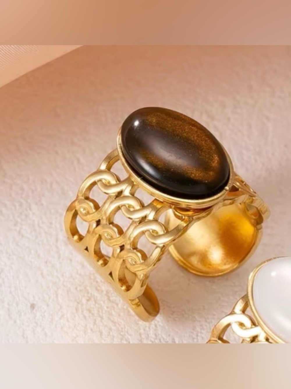 18k Gold plated Link Ring with Brown Oval Cabochon